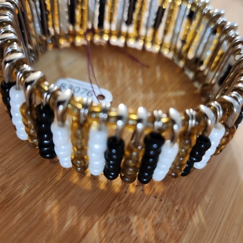 Hand Crafted Bracelet Safety Pins Black White Amber Stretch